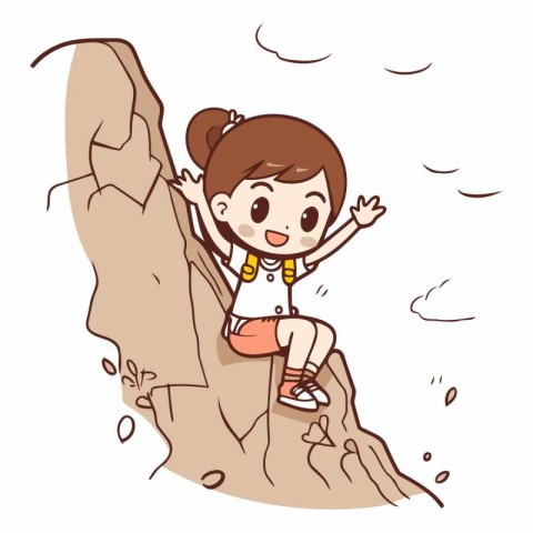 Girl climbing on the cliff in a cartoon style.