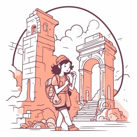 Tourist girl with backpack in Rome. Italy.