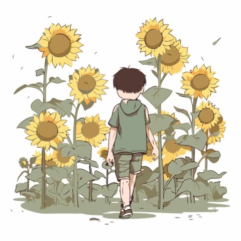 Cute little boy standing in sunflower field.