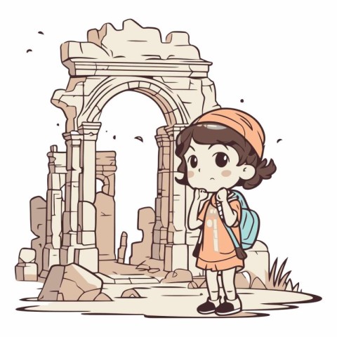 Vector illustration of a little girl looking at the ruins of the