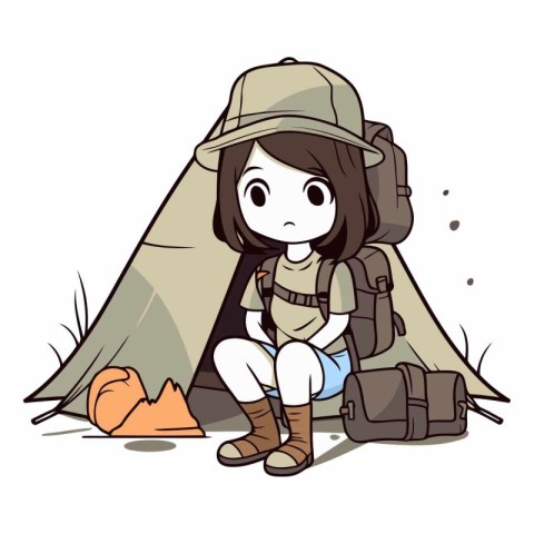 Illustration of a Girl Hiking with a Backpack and Tent