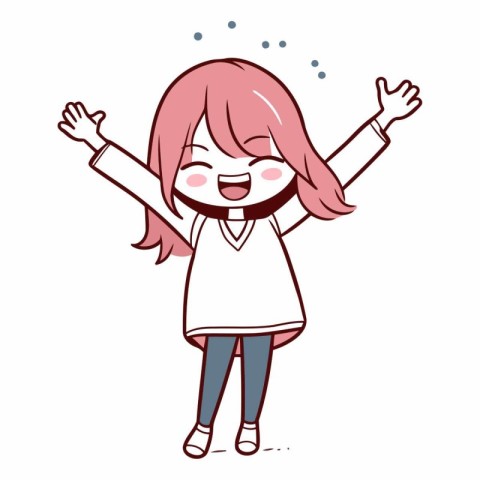 Happy little girl with hands up in cartoon style.