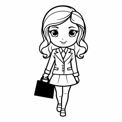 Black and White Cartoon Illustration of Cute Little Businesswoma