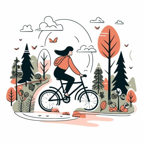 Vector illustration of a girl riding a bicycle in the autumn par