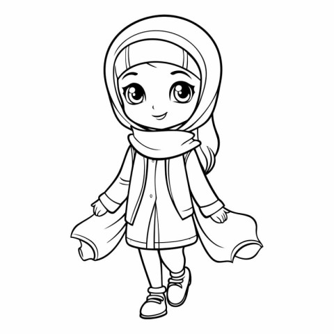 Cute little girl in winter clothes for coloring book.