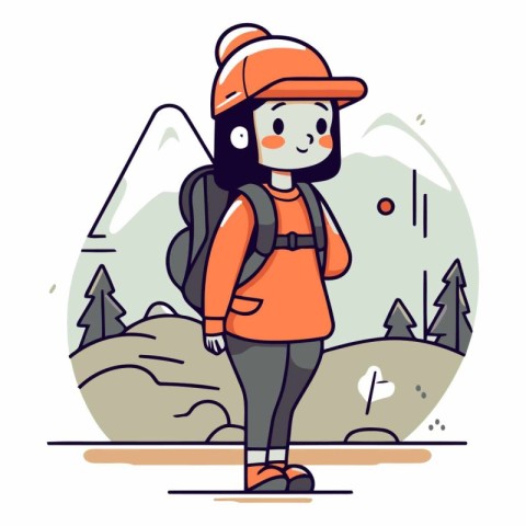 Illustration of a girl in a cap and with a backpack on a hike.