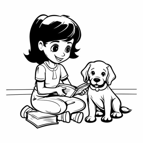 Girl with dog and book. Black and white vector illustration for