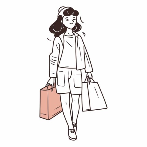 Young woman with shopping bags in doodle style.