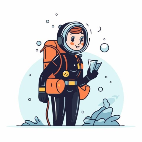 Astronaut in space suit in flat cartoon style.