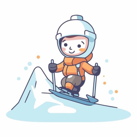 Cute little boy skiing on snow in cartoon style.