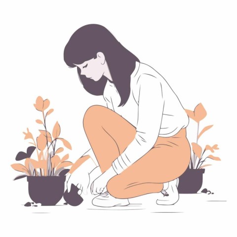 Sad woman sitting on the floor with flowers in pots.