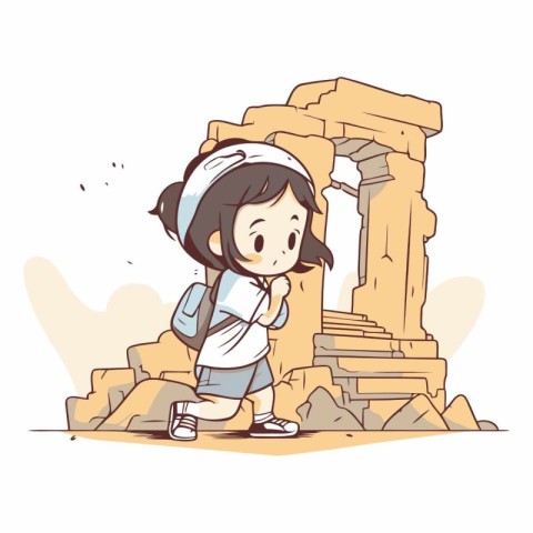 Illustration of a Cute Little Girl Traveling to the Temple of Po