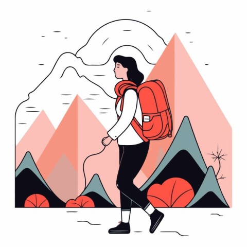 Hiking woman with backpack on mountains background in flat style