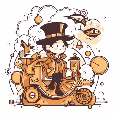 Cartoon illustration of a boy riding a vintage steam locomotive.