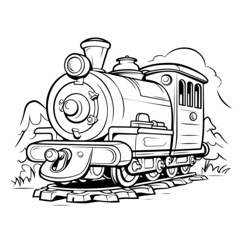 Vintage Steam Locomotive. Black and White Cartoon Vector Illustr