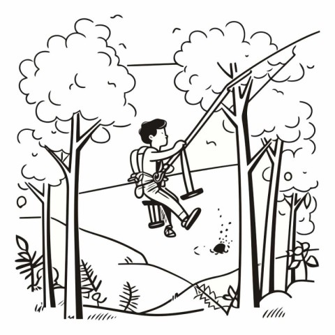 Boy climbing on a rope in the forest of a boy climbing on a rope