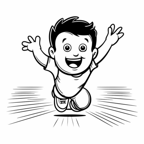 Happy Kid Jumping - Black and White Cartoon Illustration. Vector