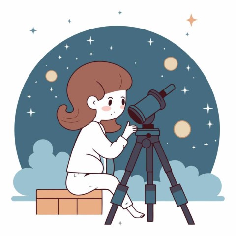 cute little girl with telescope in the night sky vector illustra