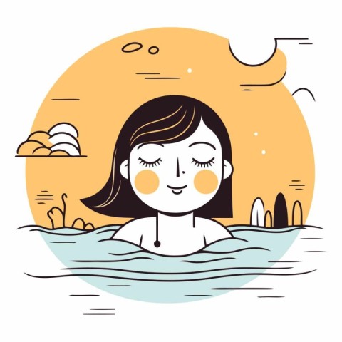 Vector illustration of a woman relaxing in a hot tub on a hot da