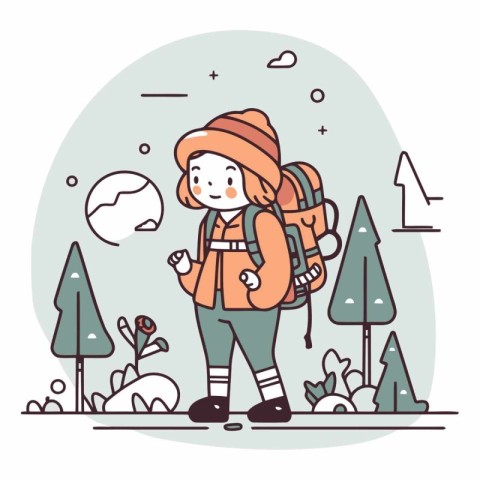 Vector illustration of a girl with a backpack walking in the par