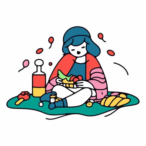 Illustration of a woman sitting on the grass and eating popcorn.