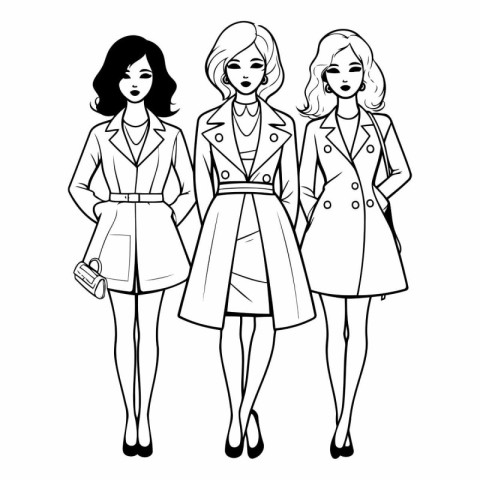 Fashion women in sketch style. Black and white.