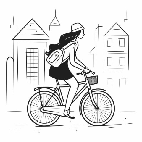 Young woman riding a bicycle in the city. black and white vector