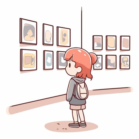 Illustration of a Girl Looking at Picture Frames in a Museum or