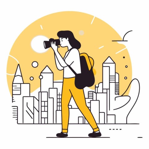 Vector illustration of a woman with a camera and a backpack on t