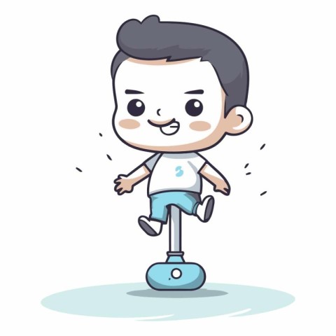 Cute boy running on scale. Vector cartoon character illustration