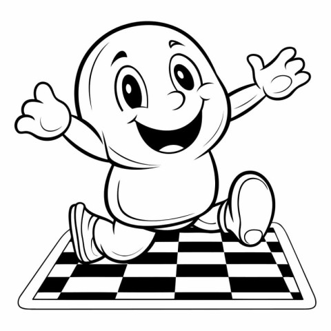 A happy cartoon baby playing chess on a checkered floor.