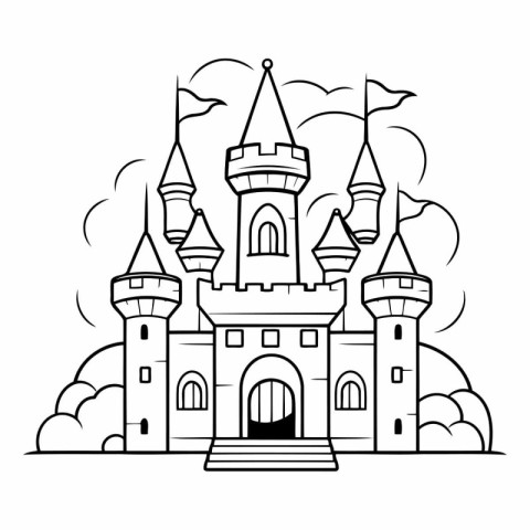 Fairy tale castle. Black and white vector illustration for color