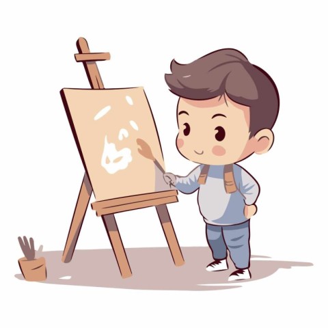 Little boy painting a picture on easel. Vector cartoon illustrat