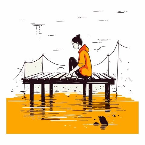 Vector illustration of a boy sitting on a pier and watching the