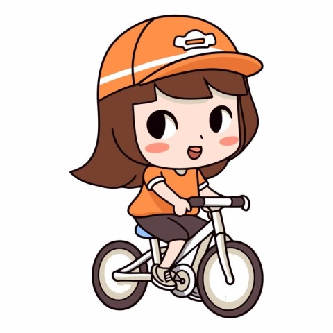 Girl riding a bicycle on a white background in cartoon style.