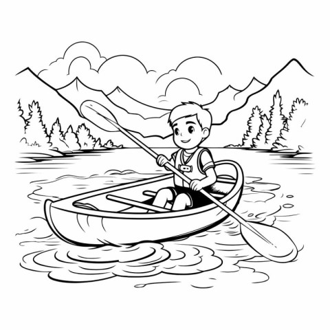 Man in a canoe on a lake. Black and white illustration.