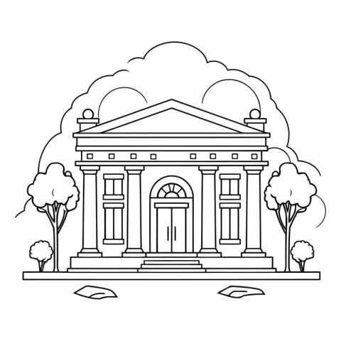 Bank building with trees and bushes cartoon vector illustration