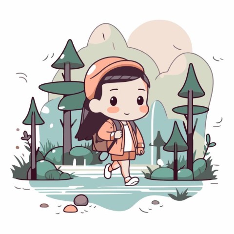 Vector illustration of a cute little girl in the forest. Cute ca