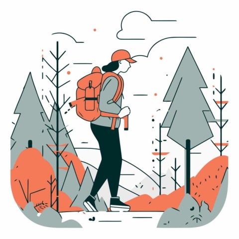 Vector illustration of a woman with a backpack hiking in the for