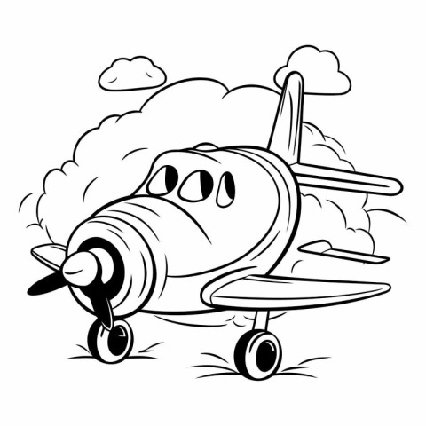 Black and White Cartoon Illustration of Flying Plane or Airplane