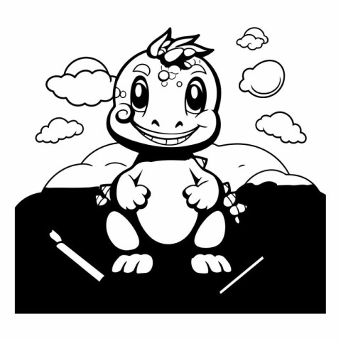 Black and White Cartoon Illustration of Cute Lizard Character fo