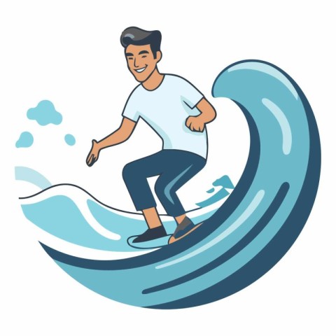 Young man riding a surfboard in cartoon style.