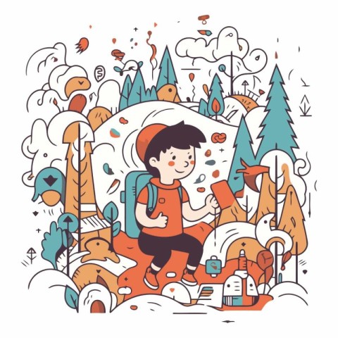 Cute little boy hiking in the mountains in doodle style