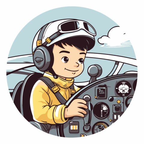 Cute boy pilot in a helicopter in cartoon style.