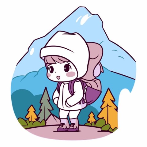 Cute little girl with backpack hiking in mountains.