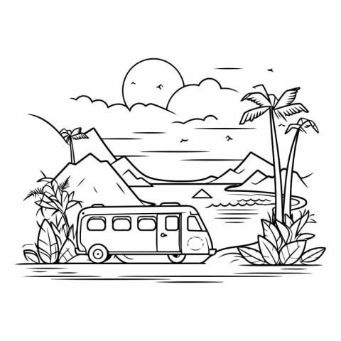 Line art illustration of a camper van on a tropical island with