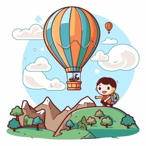 Cute boy flying on hot air balloon in the sky.