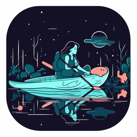 Vector illustration of a girl in a kayak on the river.