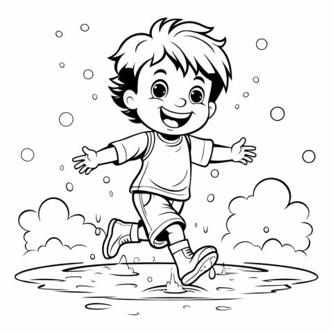 Little boy running in the rain - black and white vector illustra