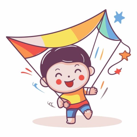 Cute little boy flying a kite. Vector cartoon illustration.